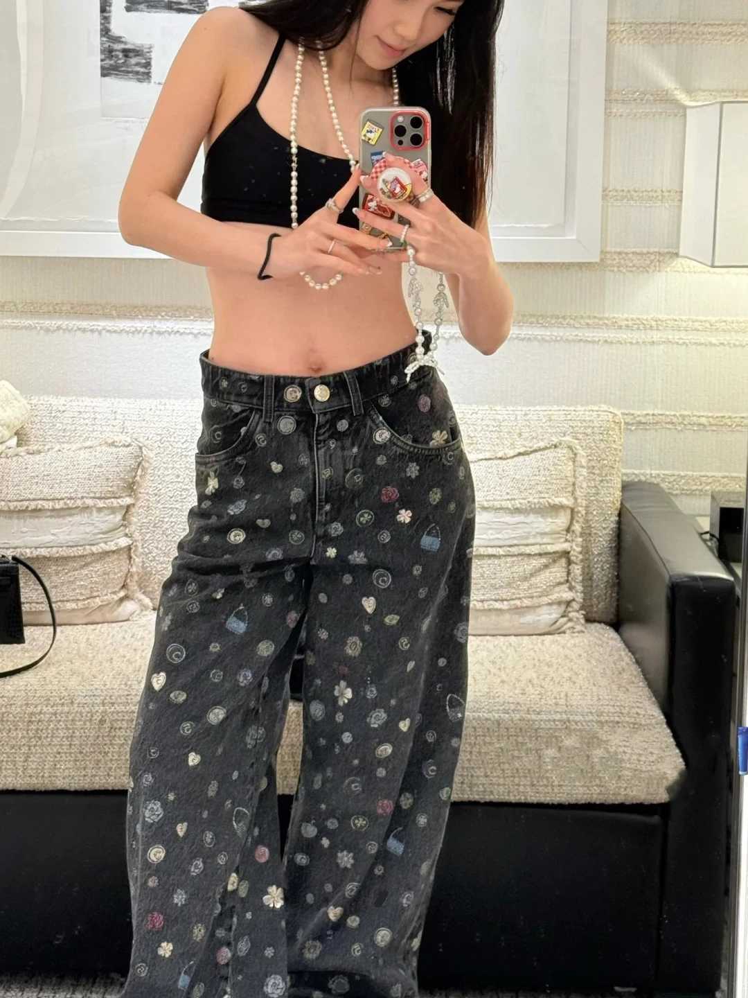 Women Fashion Style Jeans 2025 Autumn New Full Printed Floral Design All-match Casual Straight PantsT260310