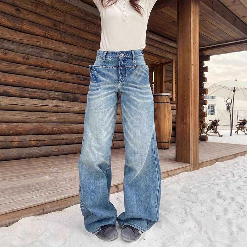 European and American RETRO Washed Blue Low Rise Jeans for Women 2025 Winter Y2k Millennium Style Spicy Slimming Floor Pant M260310