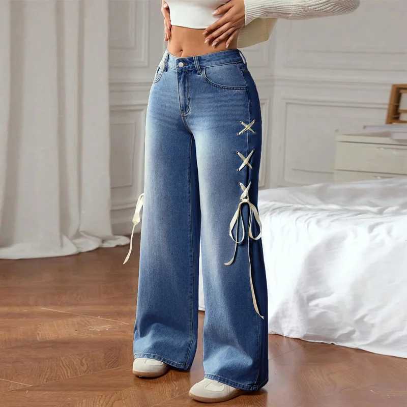 Benuynffy Plus Size Y2k Retro Side Lace-up Jeans Womens Street Fashion Mid Waisted Sweet Loose Washed Baggy Wide Leg Pants M260310