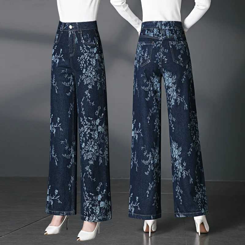 2025 Womens Autumn and Winter New Straight leg Jeans Large Jacquard Loose Elastic Wide Leg Casual Pants M260310