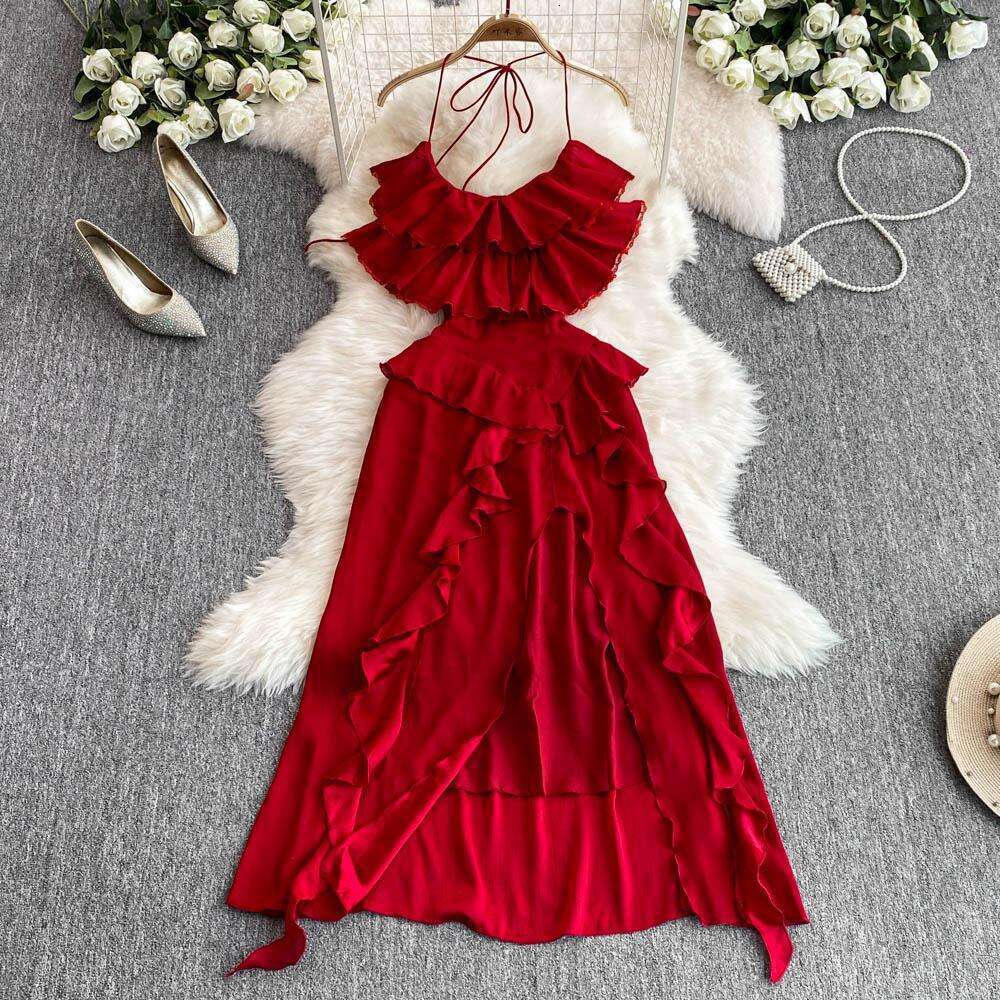 2026 designer's bright red backless collar dress with ruffled edges and perfect seaside travel and vacation