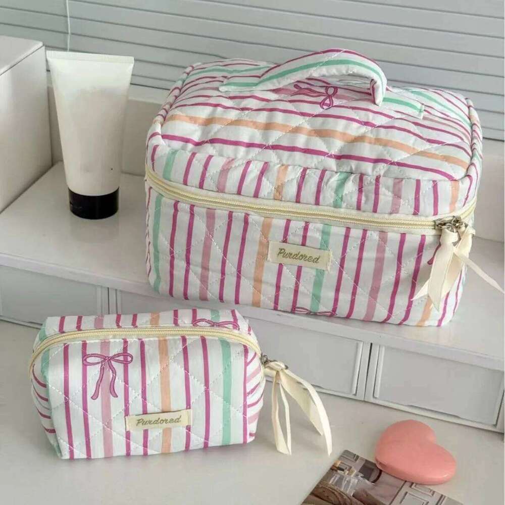 Personality Stripe Bowknot Women Cosmetic Portable Simple Quilting Bag Pouch Travel Large Capacity Makeup Storage Handbag XJ260310