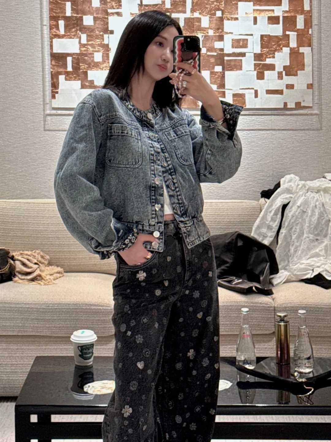 Women Fashion Style Jeans 2025 Autumn New Full Printed Floral Design All-match Casual Straight PantsT260310