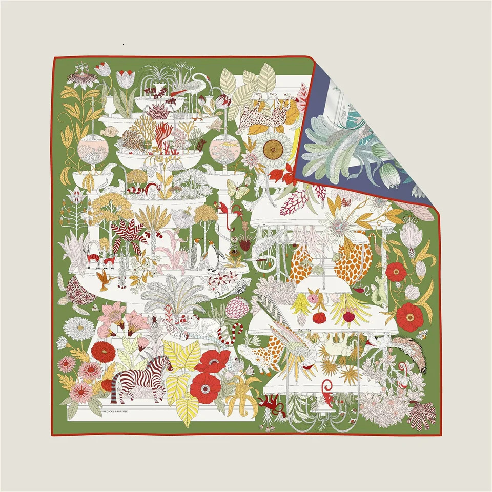 90cm Hand Rolled Twill Silk Scarf Women Cake Pan Animals Double Print Square Scarves Wraps Echarpes Foulards Femme Hijab 260309