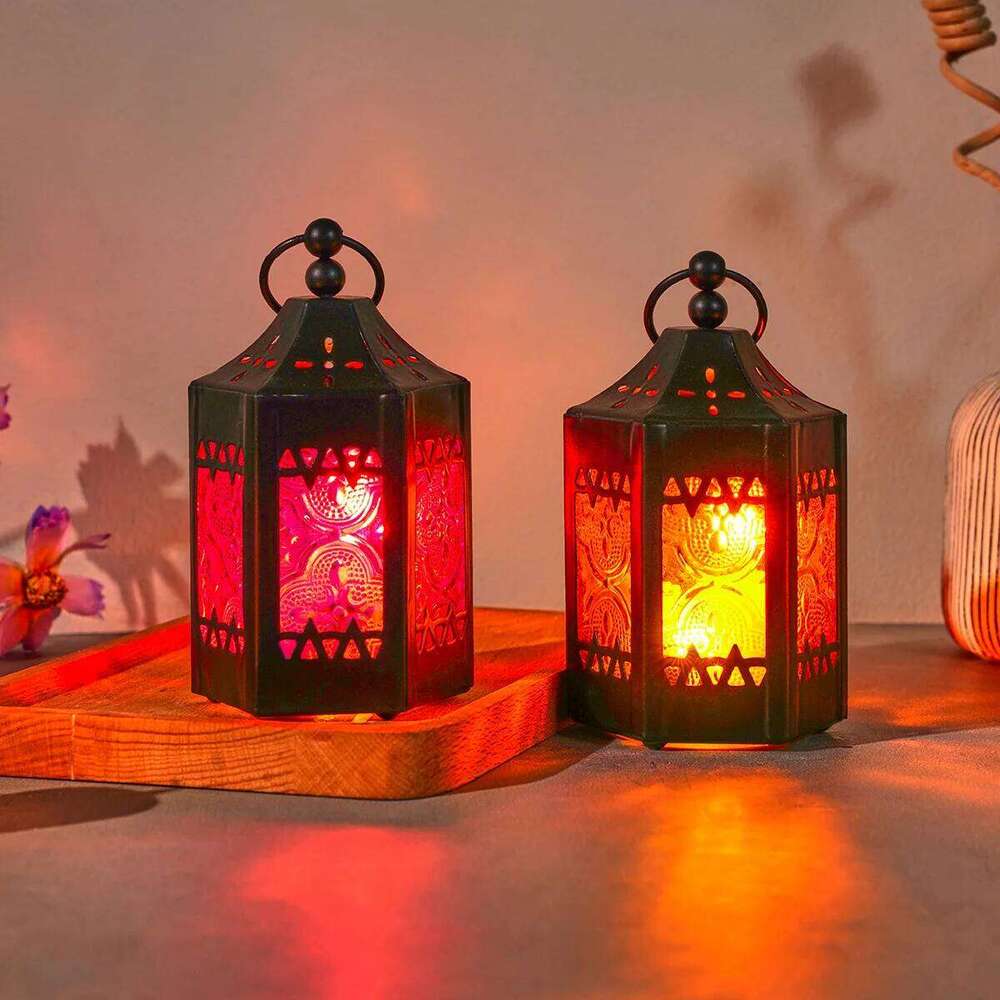 1PC, European retro ironwork, colored windproof glass, hexagonal hollowed-out candlestick lamp H260310