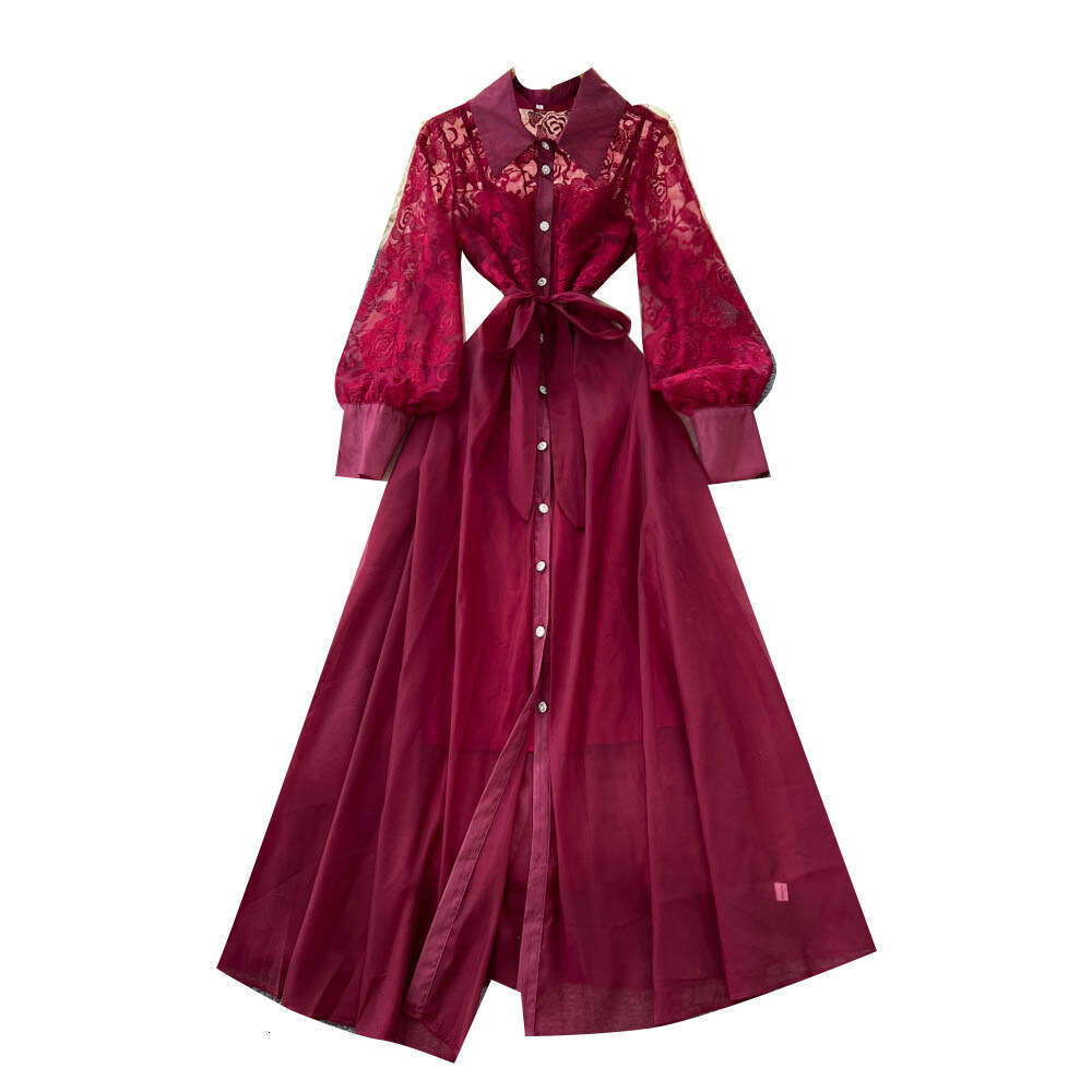 2026 French high-end elegant women's long skirt autumn fashion lace long sleeved patchwork tie waist mesh dress