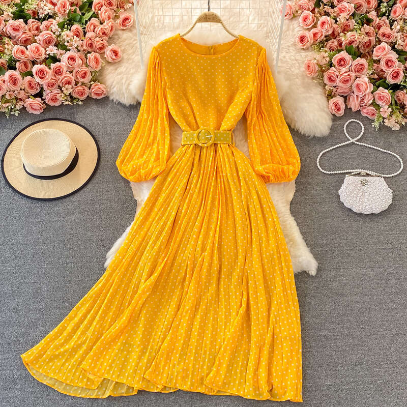 2026 vacation style beach long dress with waistband and big hem chiffon dress with polka dot pattern for autumn wear