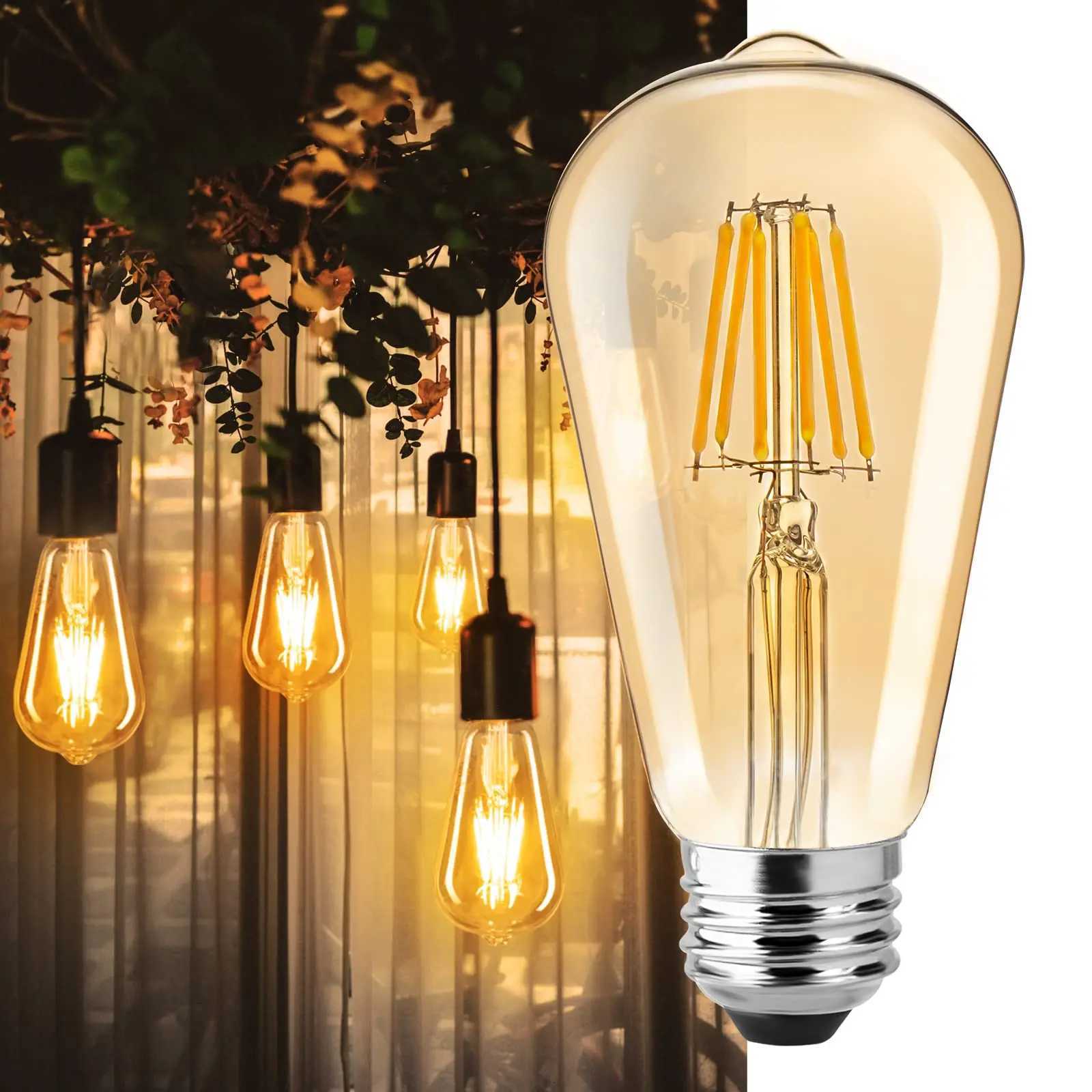 6pcs ST64 Dimmable LED Filament Light Bulb E27 220V 6W 2200K Amber Glass Vintage Edison Led Lights Decoration Energy Saving Lamp H260310