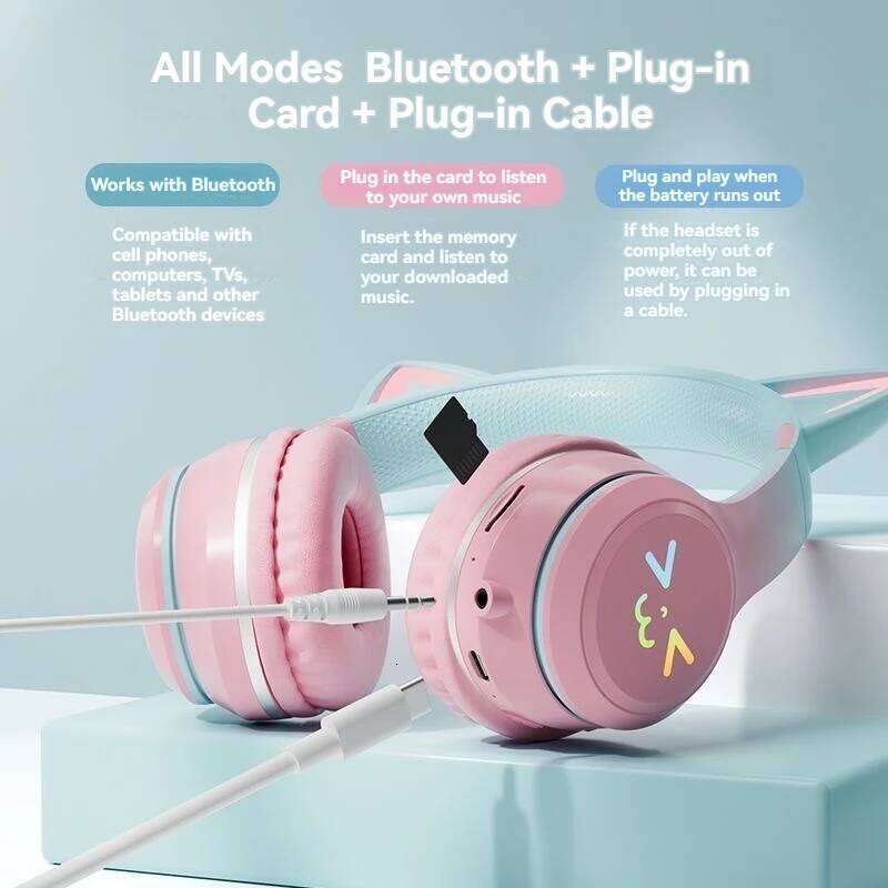 Flash Light Pink Cute Cat Ear Headphones Wireless Earphone Over-ear Noise Cancelling Folding Headset Girl Gift Earbuds 26W0310