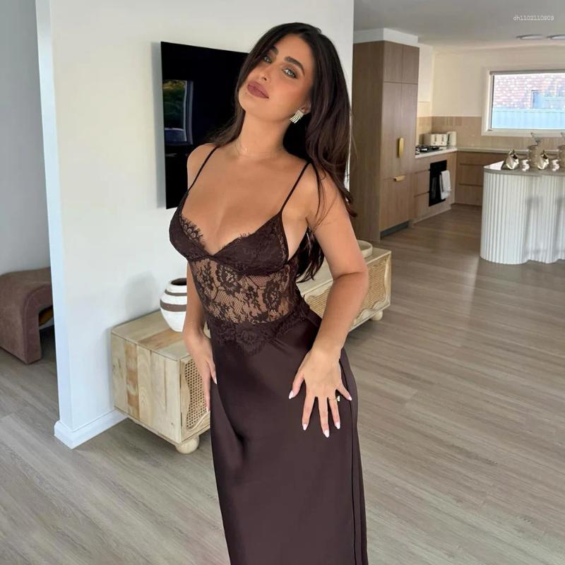 Casual Dresses Sleeveless Lace Patchwork Sling Dress Women Backless Off Shoulder See Through V-neck Slim Maxi Vestidos Lady Vacation