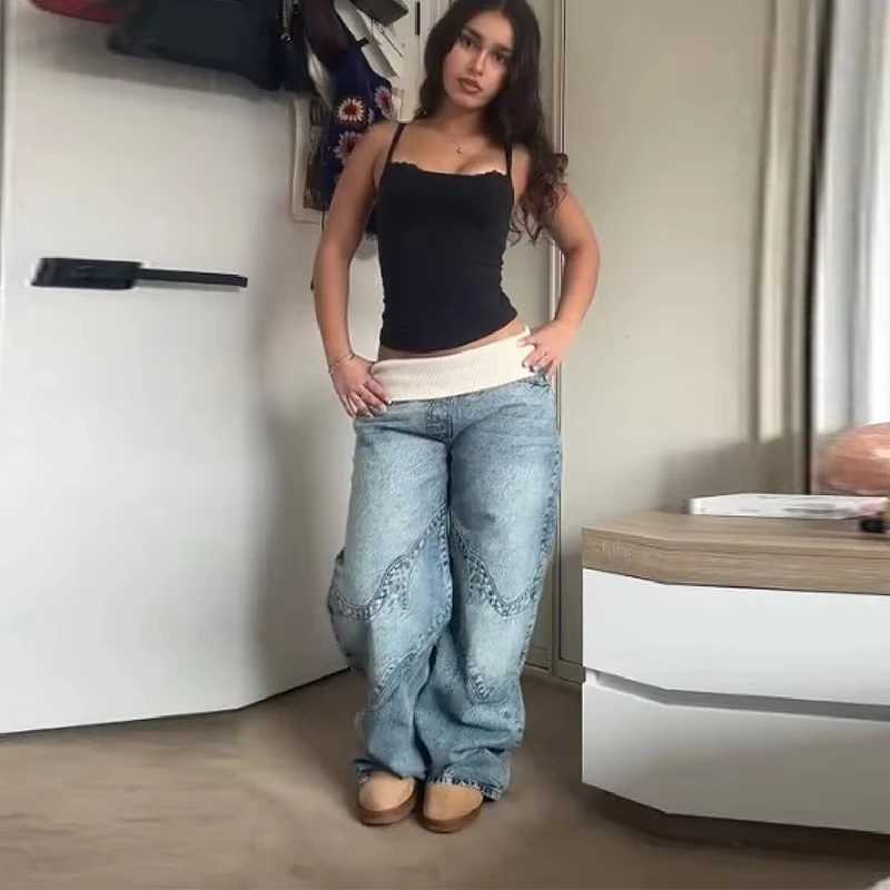 Chic Cool Denim Patchwork Wide Leg Pants Women Fashion Blue Low Waist Loose Straight Trouser New Female High Street Outfits 2026 M260310