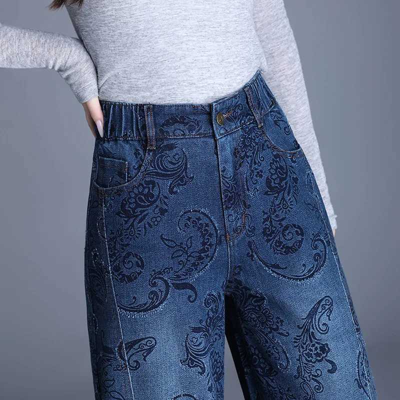 2025 Womens Spring and Autumn High Waist Jacquard Wide Leg Jeans Loose Fashionable and Comfortable Large Straight M260310