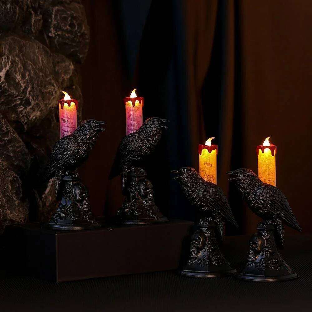 Creative Evil Black Crow Statue Glowing Candlestick LED Candles Lights Halloween Home Decorations Table Lamp Scary Ornaments H260310