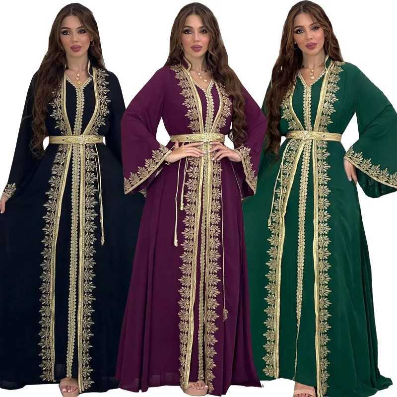 Dress Suit Women Eid Muslim Abaya Party Dresses 2 Piece Sets Embroidery Sashes Ramadan Dubai Kaftan Vestidos Jalabiya Long Robe X260310