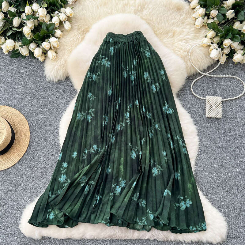 French retro printed women's 2025 autumn and winter new high waist slim fit A-line pleated long skirt