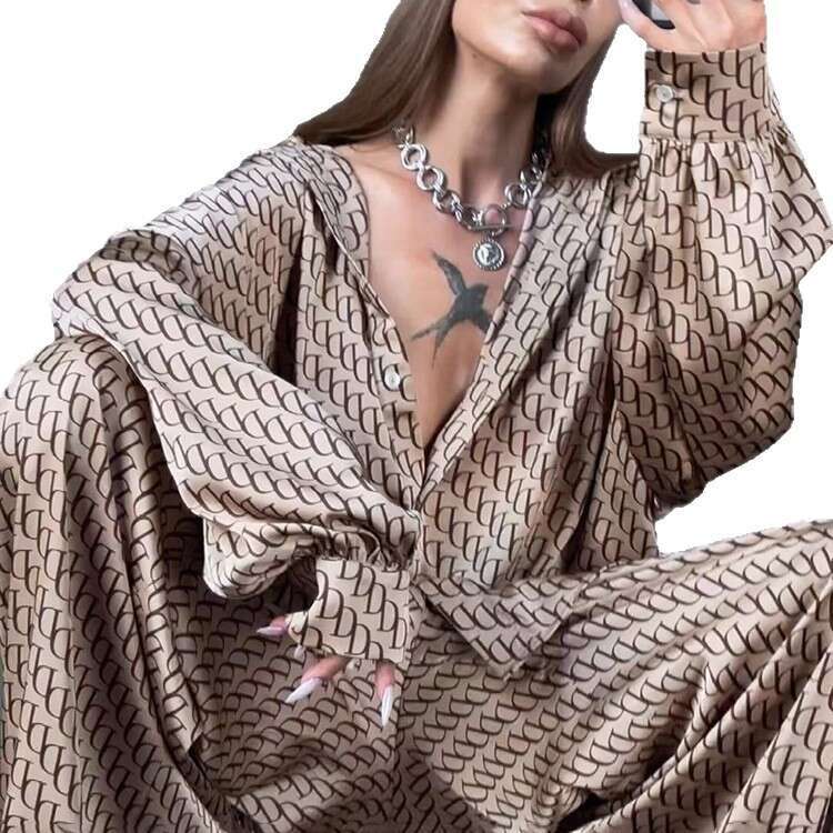 Fashion Black Print Womens 2 Piece Outfit Set Elegant Lapel Long Sleeve Shirts And High Waisted Lopse Straight Pants Sets
