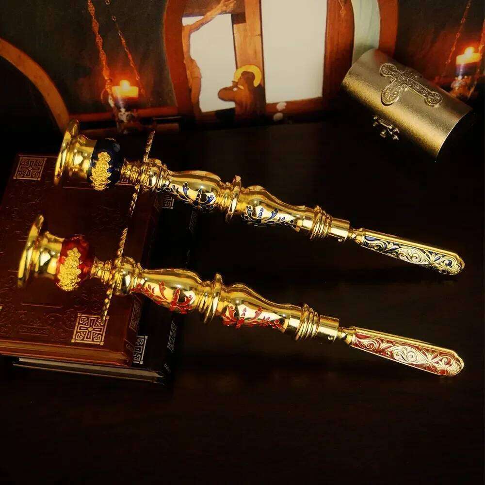 New Ornate Gold Plated Orthodox Christian Handheld Holder Liturgical Church Candle Stand with Intricate Carvings Box Gift H260310