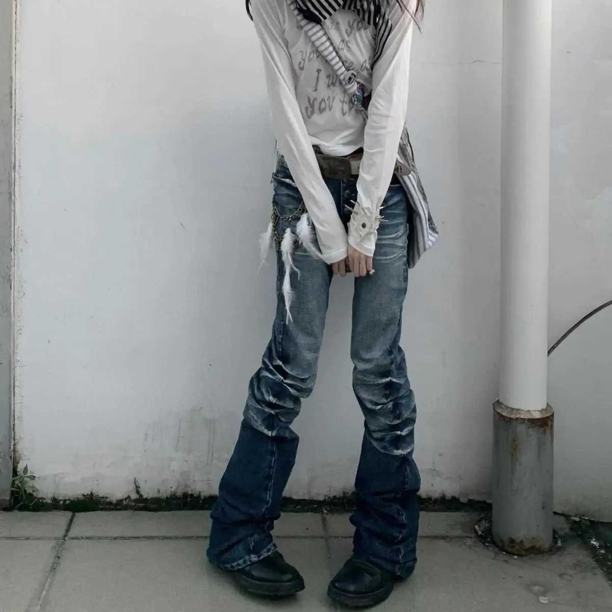 Washed Distressed Vintage Flared Jeans Women High Street Straight Denim Pants American Retro Harajuku Hip Hop Y2k Trousers M260310