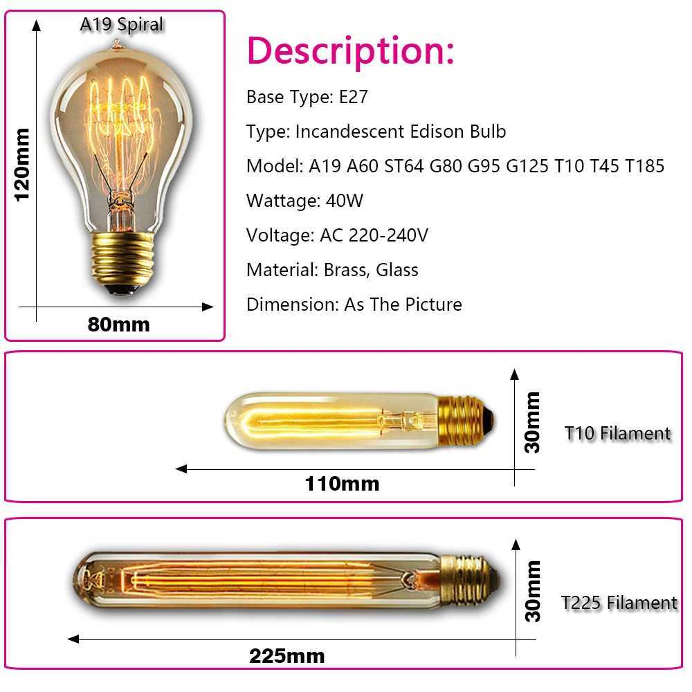 Retro Edison Light Bulb E27 40W 220V A60 ST64 G80 G95 T10 Edison Lamp Ampoule Vintage Filament Incandescent Bulb For Home Decor H260310