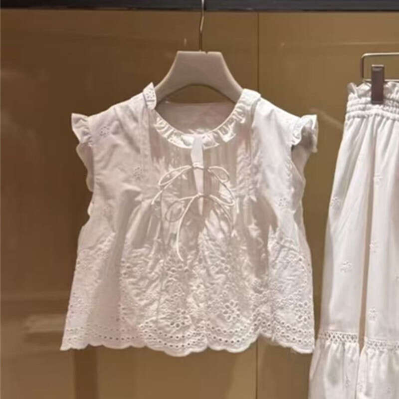 2026 Spring and Summer New Designer Hollow Embroidery Ruffle Sleeve Women's Shirt Skirt Set