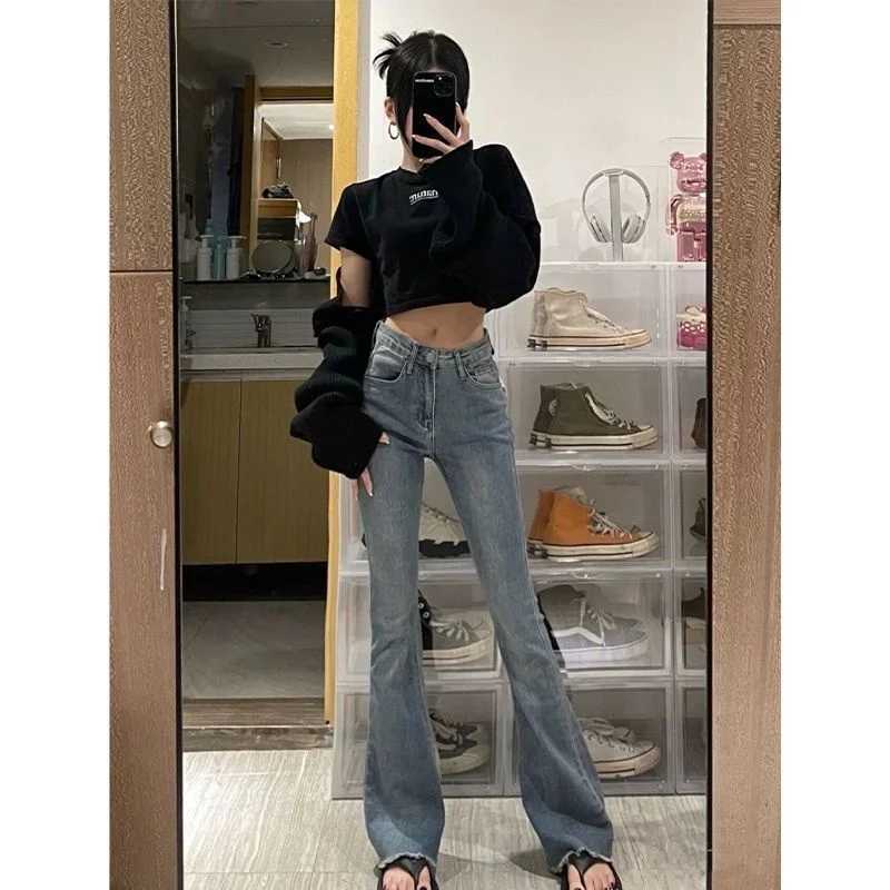 Bootcut Jeans Woman Punk Women Lapel Straight Travel Millennium Ladise Denim Fabric Paneled Geometric Texture Boho Folded Ladies M260310