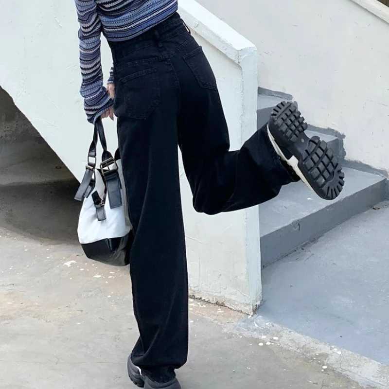 Hight Waist Denim Pant Women Jeans Vintage Straight Trousers Jeans Autumn Spring Fashion Female Black Casual Wide Leg Pants M260310