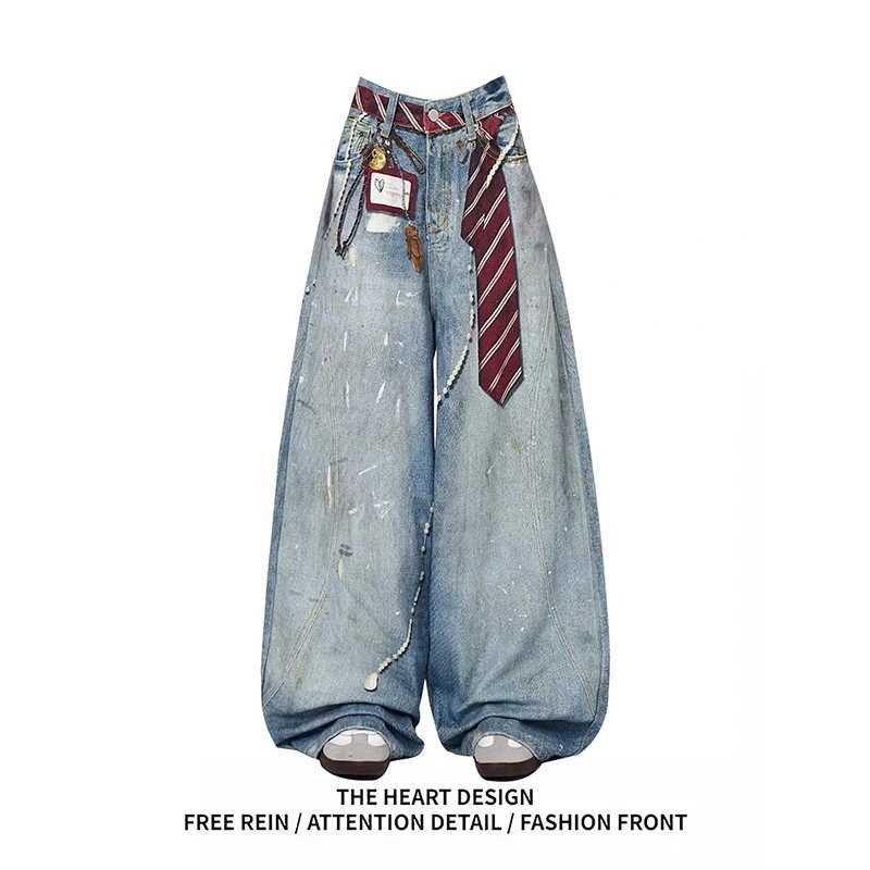 ZHIZOU Women Blue Y2k Baggy Jeans Harajuku VintageBent Knife Denim Trouser Aesthetic 2000s Style Jeans Pants Oversize Clothes M260310