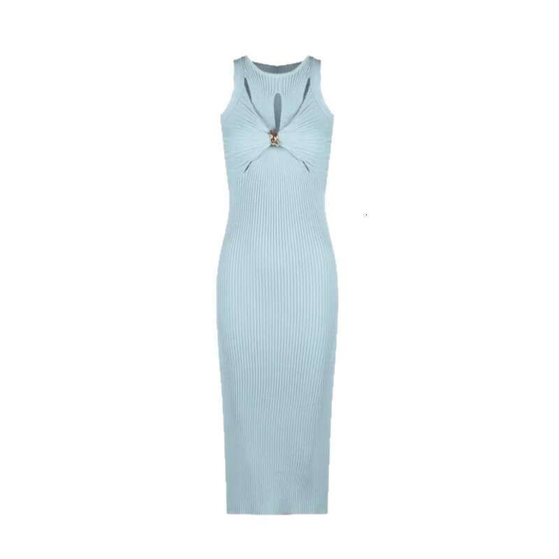 2026 new European and American niche sexy queen casual style sleeveless twist button vertical stripe slim knit long skirt