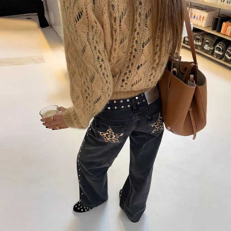 Black Gothic Leopard Splicing Pocket Retro Hip-Hop Jeans Women American Fashion Rock Rivet High Waist Loose Vintage StreetwearT260310
