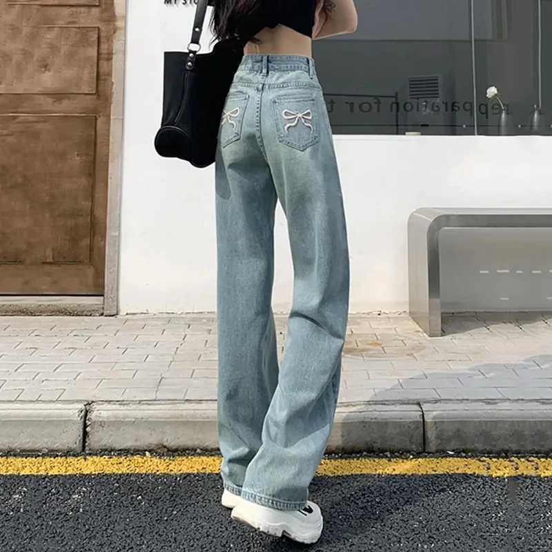 Girls Baggy Straight Leg Y2k Jeans Female Bow Embroidered Back Pocket Denim Pants Classic High Waist Casual Wide Leg Trousers M260310