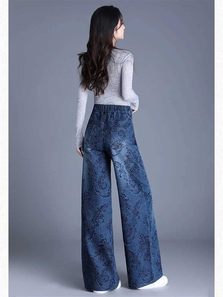 2025 Womens Spring and Autumn High Waist Jacquard Wide Leg Jeans Loose Fashionable and Comfortable Large Straight M260310