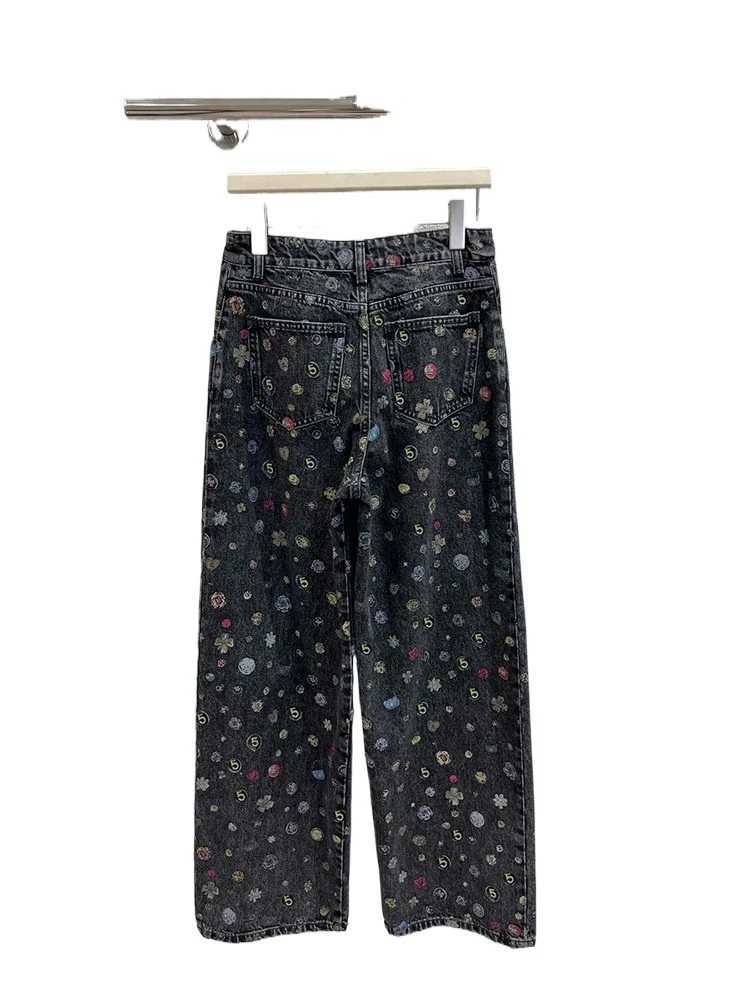 2025 Autumn And Winter New Style Graffiti Laser Printing High Waist Slimming Jeans Wide Leg Pants WomenT260310