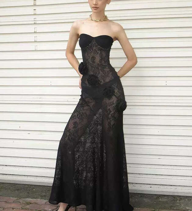 2026 new European and American fashion goddess sexy strapless semi transparent three-dimensional flower mesh long skirt