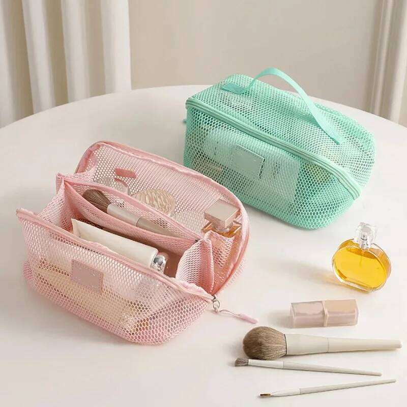 Large Capacity Handheld Makeup Zipper Multi-layer Transparent Mesh Cosmetic Bag Organizer Case Square XJ260310