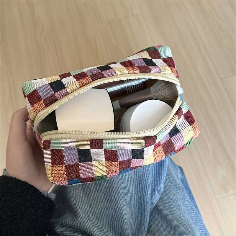 Retro Plaid Makeup Bag with Mirror, Double Layer Chinese Design Cosmetic Case, Women Travel Organizer for Skincare Essentials XJ260310