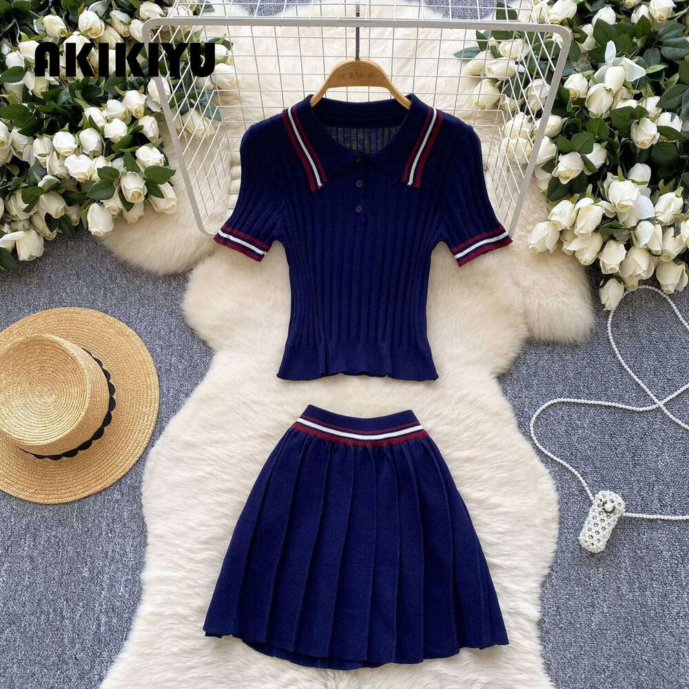 New Korean College Style Knit 2Pcs Suit Polo Neck Short Sleeve Tops+Pleated Skirt Women Summer Color Block Vintage Set AKIKIYU