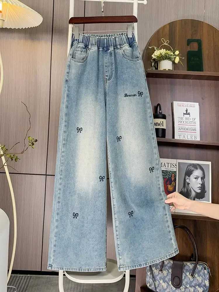 Plus Size Jeans Women 2025 Autumn Winter New Arrivals Bow Embroidery Wide Leg Loose Jeans Woman Trousers Elastic Waist Jeans M260310