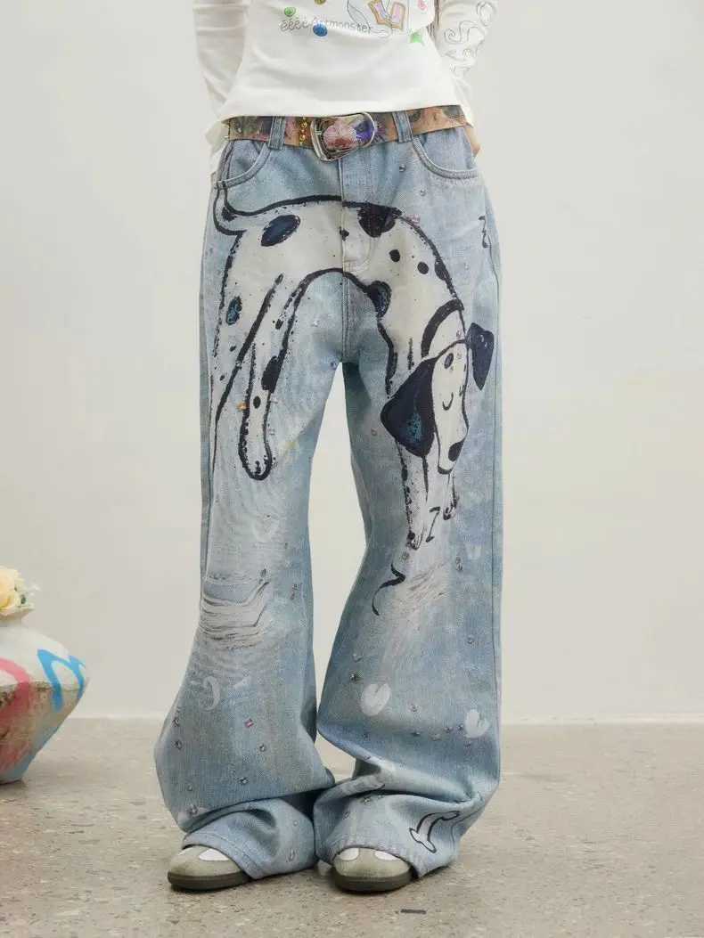 Y2K Vintage Washed Baggy Wide Leg Jeans Women Hand-painted Dalmatian Dog Print Mid Waist Casual Streetwear Denim Pants M260310