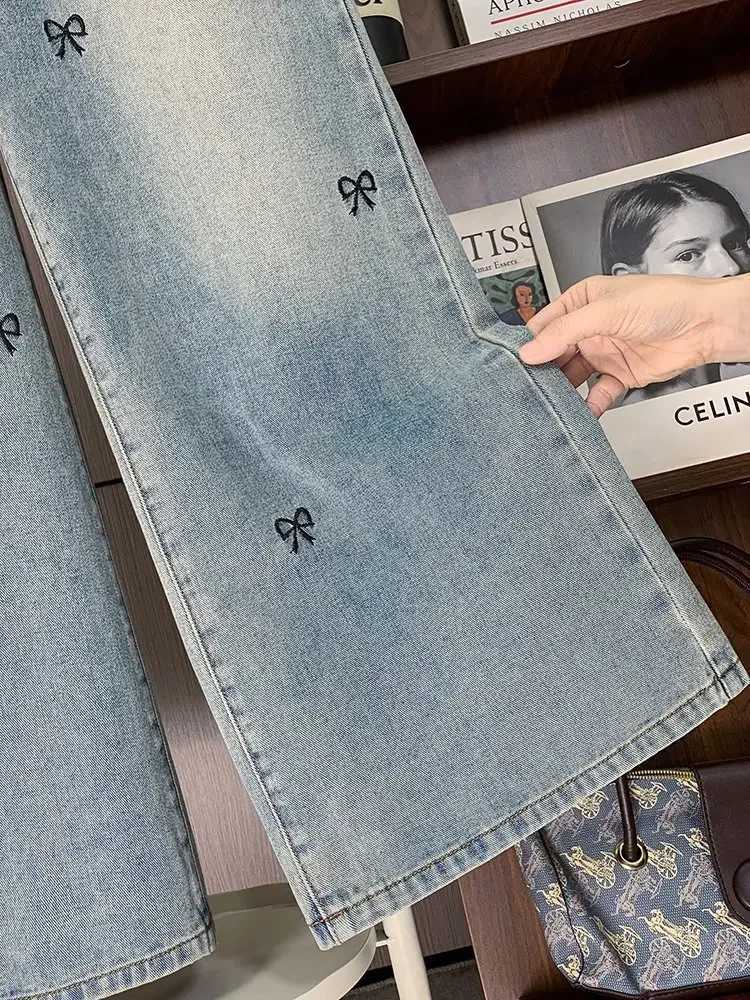 Plus Size Jeans Women 2025 Autumn Winter New Arrivals Bow Embroidery Wide Leg Loose Jeans Woman Trousers Elastic Waist Jeans M260310