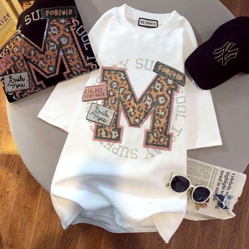 Summer T Shirt for Women Cotton Letter Hot Drill Oversized Clothes Loose Short Sleeved Top Luxury Designer Graphic Tees Women