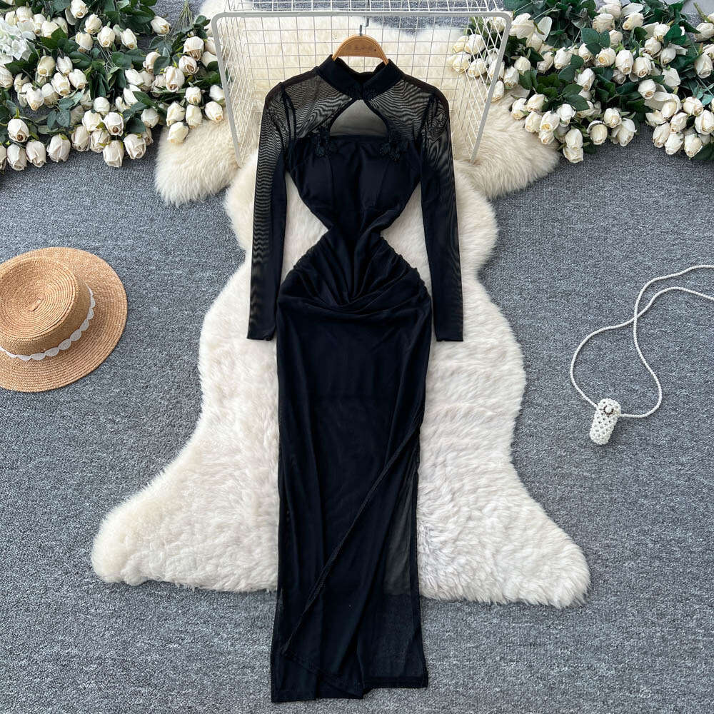 New Chinese style women's clothing 2026 autumn and winter elegant and sexy hollow out stand collar mesh long sleeved slit