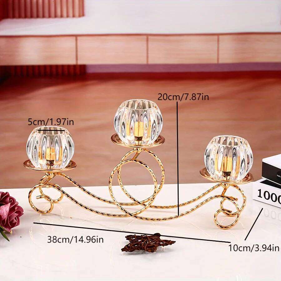 1pc 3 Arms Golden Metal Votive Candle Holder Candelabra, Vintage Candlestick for Table Centerpiece Wedding H260310