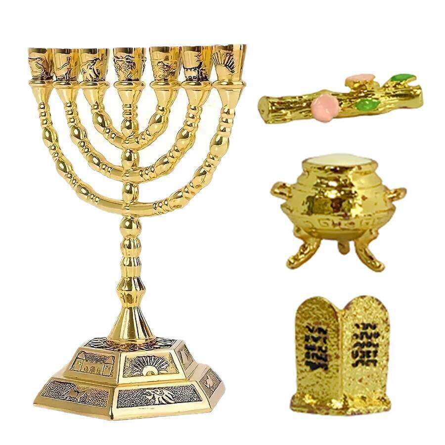Jewish Religious Decor Set - 7-Branch Menorah, Torah Tablets, Golden Calf, Aarons Rod Replica for Hanukkah & Synagogue H260310