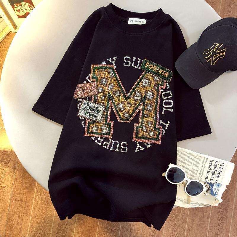 Summer T Shirt for Women Cotton Letter Hot Drill Oversized Clothes Loose Short Sleeved Top Luxury Designer Graphic Tees Women