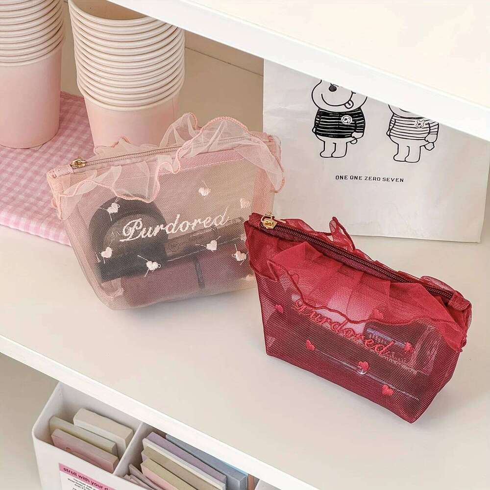1pc Purified Red Mesh Makeup Bag with Ruffle Detail Love Embroidery Cute Portable Cosmetic Organizer for Girls Toiletry Pouch XJ260310