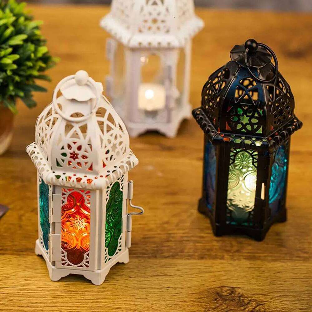 Glass Crystal Moroccan Candlestick Metal Hollow Holder Home Coffee Shop Decoration Iron Hanging Candle Lantern H260310