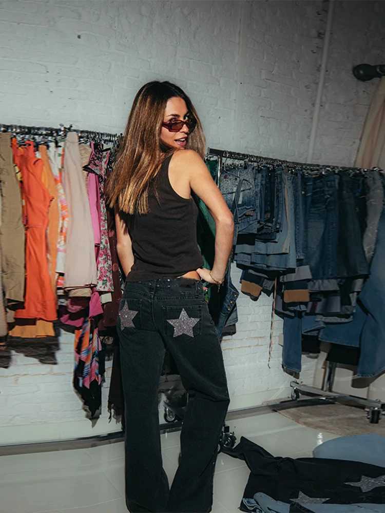 Gothic Womens ONE DILEMMA Jeans Y2K Clothes Hip Hop Five Pointed Star Sequin Rivet Fashion Casual Baggy Jeans Straight TrousersT260310