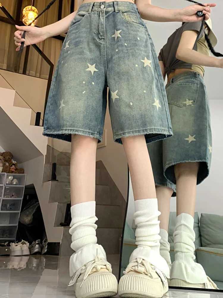 Women High Waist American Retro Washed Wide Leg Jeans Girls Street Do Old Star Loose Denim Pants Female Blue Knee Length Shorts M260310