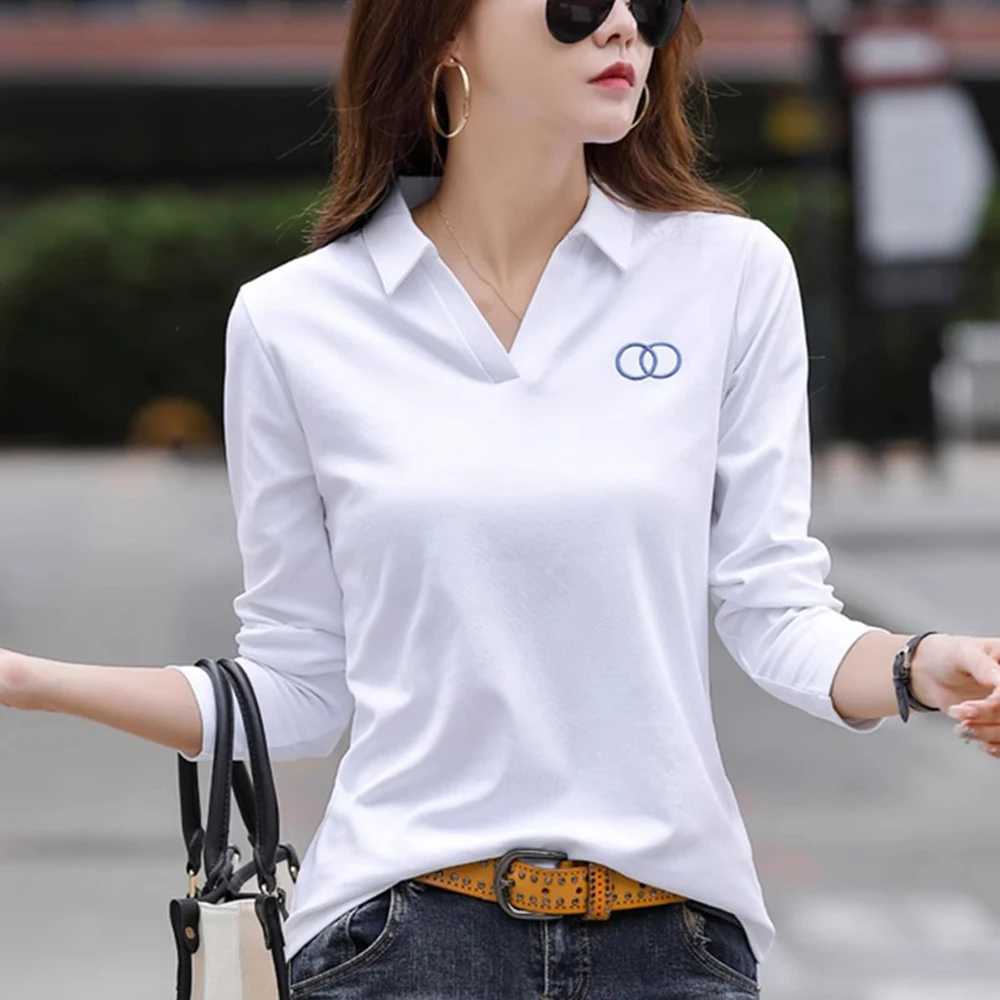 Korean version long sleeved T-shirt for womens summer new fashionable light luxury embroidered lapel sports loose casual topT260310