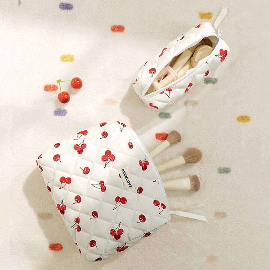 Cute Cherry Printed Cosmetic Quilted Organiser Women's Zipper Flower Cotton Travel Wash Portable Toiletry Bag XJ260310